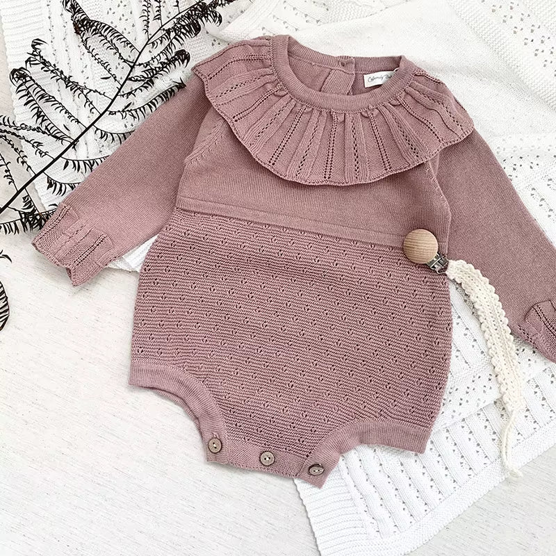 Rosebelle – Knitted Lace Ruffle Romper for Baby Girls