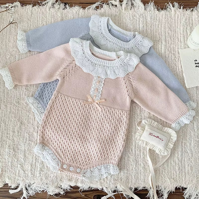 Rosebelle – Knitted Lace Ruffle Romper for Baby Girls